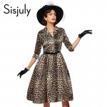 Sisjuly Vintage Women Dress Half Sleeve Leopard Women Vintage Pin Up Dress Lapel Knee-Length Half Sleeve Rockabilly Party Dress