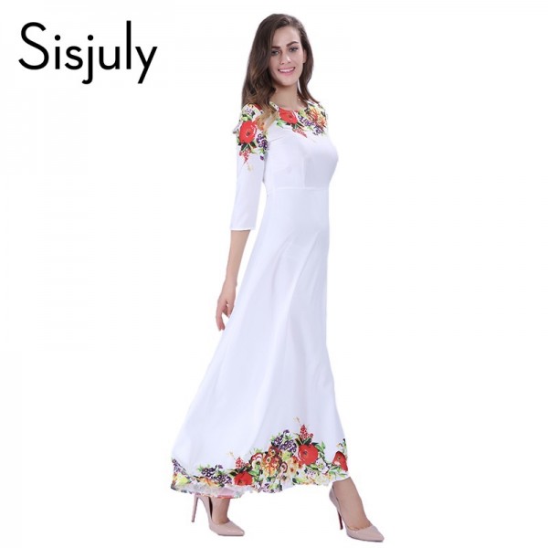 Sisjuly Women Maxi Dresses Elegant Round neck 3/4  Sleeve Casual White Floral Print Long Evening Party  Dresses 2017