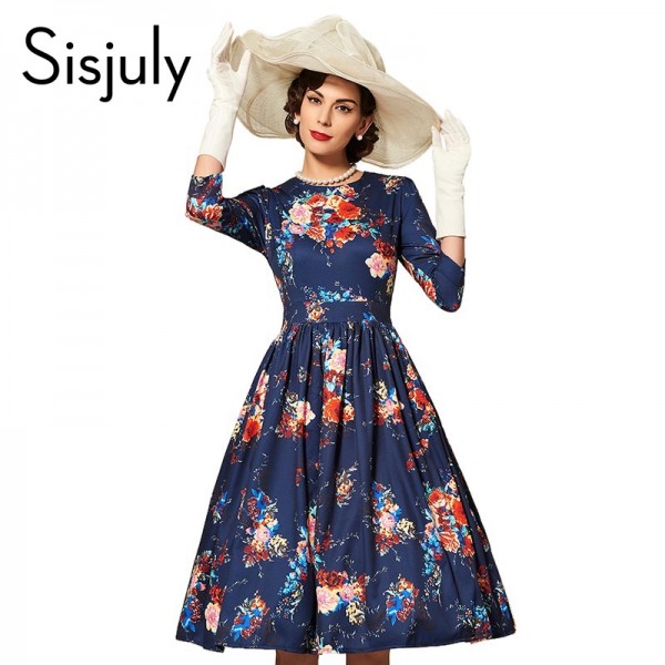 Sisjuly casual dress 2017 hot sale blue spring dress vintage retro print floral dress female three quarter sleeves summer dress