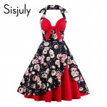 Sisjuly summer vintage dress retro patchwork floral print bowknot backless party dresses halter sleeveless women vintage dresses