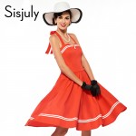 Sisjuly vintage 1950s festa summer women dress striped sleeveless dress red party fashion halter collar vintage women dresses