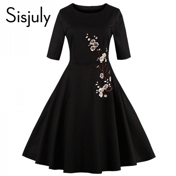 Sisjuly vintage 1950s style dress 2017 fashion spring black and  flowers half sleeve dress vestido festa vintage women dresses