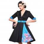 Sisjuly vintage dress 1950s style spring black print floral patchwork half sleeve women party dress elegant female vintage dress