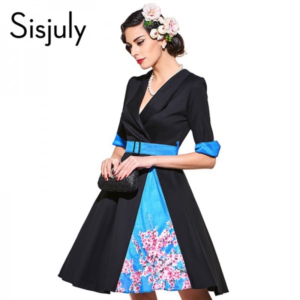 Sisjuly vintage dress 1950s style spring black print floral patchwork half sleeve women party dress elegant female vintage dress