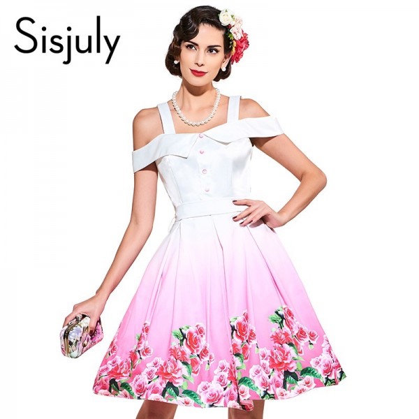 Sisjuly vintage dress 1950s style spring white print floral slash neck women party dress 2017 summer elegant women vintage dress