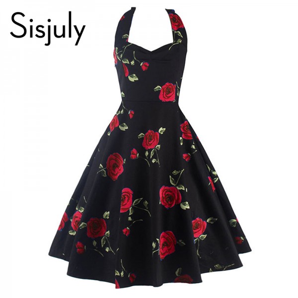 Sisjuly vintage dress 2017 print floral 1950s halter knee-length women luxury summer party dress sleeveless vintage dresses