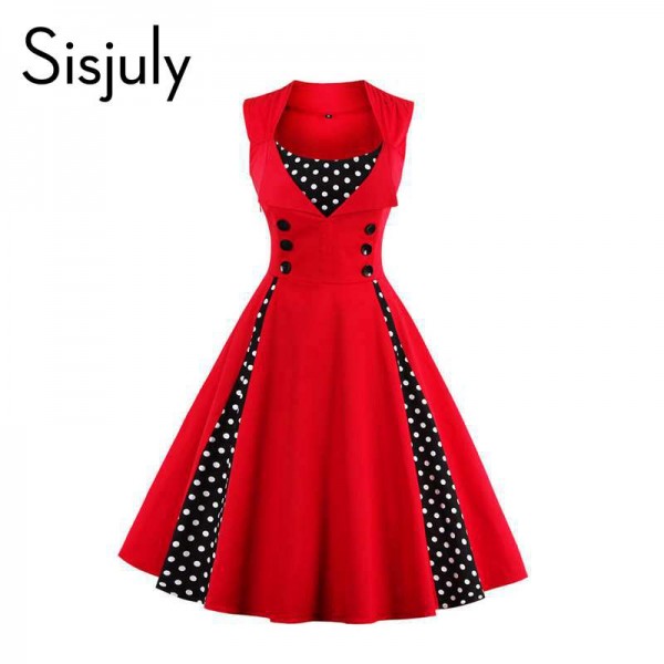 Sisjuly vintage dress 2017 spring summer women red polka dots patchwork sleeveless botton 1950s female elegant vintage dress