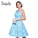 Sisjuly vintage dress blue solid 1950s style a-line women party dresses  lace bow  o-neck  elegant summer female vintage dress