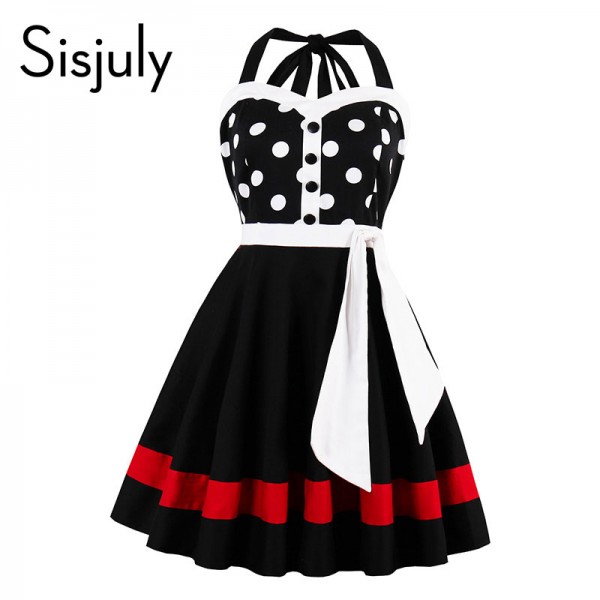 Sisjuly vintage dress spring strapless 1950s sexy 2017 summer dots patchwork sashes party dress pin up playful vintage dresses