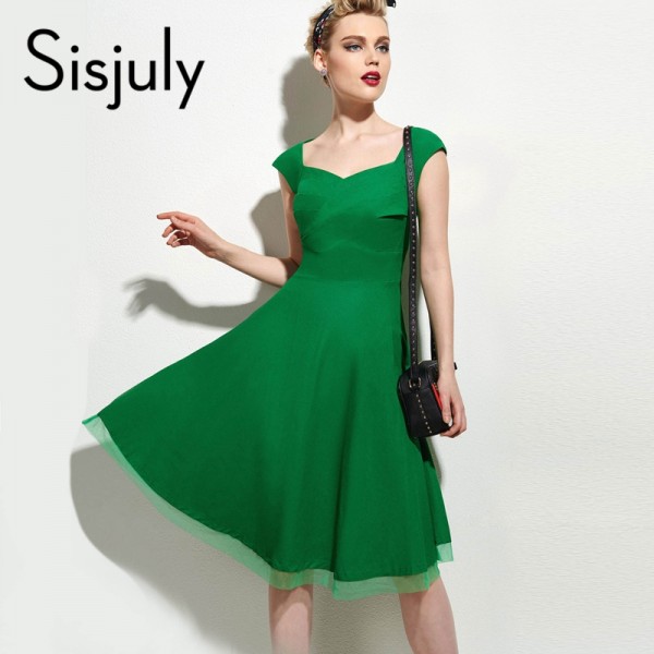 Sisjuly vintage dress summer black sexy retro red dress v neck elegant green slim short sleeve a-line party dresses 1950s 2017