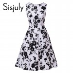 Sisjuly vintage summer women 1950s festa dress with flower print party dress women sleeveless elegant black women vintage dress