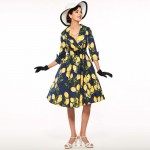 Sisjuly vintage women floral dress lemon print party dress style 1950s rockabilly dress with sashes slim women vintage dresses