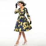 Sisjuly vintage women floral dress lemon print party dress style 1950s rockabilly dress with sashes slim women vintage dresses