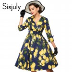 Sisjuly vintage women floral dress lemon print party dress style 1950s rockabilly dress with sashes slim women vintage dresses