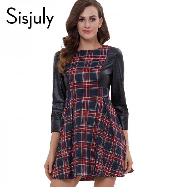 Sisjuly women casual dress spring patchwork plaid mini dress autumn black women dresses rockabilly fashion style casual dress