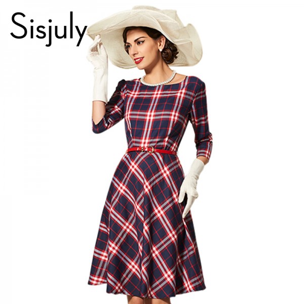 Sisjuly women dress style autumn office dresses sashes half sleeves winter party dress blue red plaid fashion women dresses