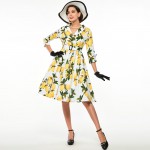 Sisjuly women floral vintage dress lemon print party dress style 1950s rockabilly dress vestido luxury pleated vintage dresses