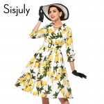 Sisjuly women floral vintage dress lemon print party dress style 1950s rockabilly dress vestido luxury pleated vintage dresses