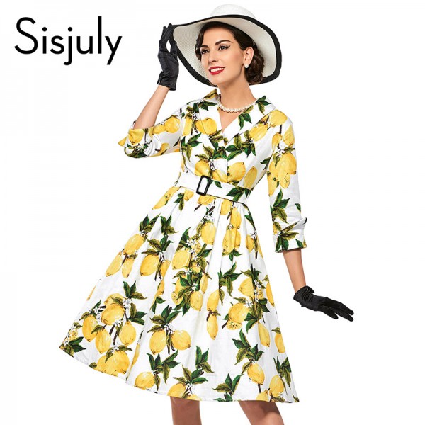 Sisjuly women floral vintage dress lemon print party dress style 1950s rockabilly dress vestido luxury pleated vintage dresses