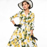 Sisjuly women floral vintage dress lemon print party dress style 1950s rockabilly dress vestido luxury pleated vintage dresses