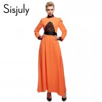 Sisjuly women maxi dress Spring Orange Sexy hollow lace dress Nightclub style fashion stitching fall Blue women maix dresses