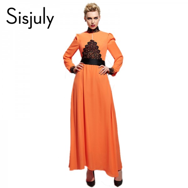 Sisjuly women maxi dress Spring Orange Sexy hollow lace dress Nightclub style fashion stitching fall Blue women maix dresses