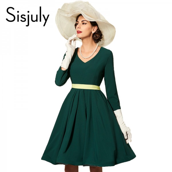 Sisjuly women party dress elegant green autumn dress long sleeve v neck style women dresses fashion winter festa dress new year