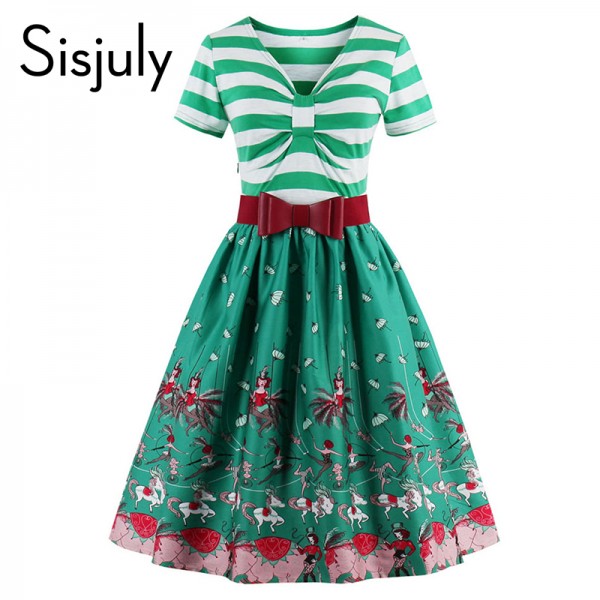 Sisjuly women patchwork stripe sleeves summer party dresses print flower with cute bow 1950s women dresses vintage dresses