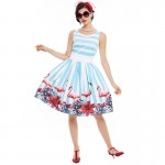 Sisjuly women pin up vintage dress floral print rockabilly bow belt  dresses blue white stripe summer  a line vintage dresses