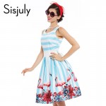 Sisjuly women pin up vintage dress floral print rockabilly bow belt  dresses blue white stripe summer  a line vintage dresses