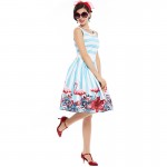 Sisjuly women pin up vintage dress floral print rockabilly bow belt  dresses blue white stripe summer  a line vintage dresses