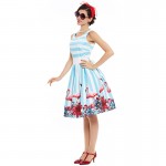 Sisjuly women pin up vintage dress floral print rockabilly bow belt  dresses blue white stripe summer  a line vintage dresses