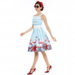 Sisjuly women pin up vintage dress floral print rockabilly bow belt  dresses blue white stripe summer  a line vintage dresses