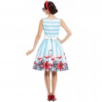 Sisjuly women pin up vintage dress floral print rockabilly bow belt  dresses blue white stripe summer  a line vintage dresses