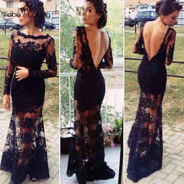 Size M New Elegant Black Lace Mesh Backless Mermaid Dress Women Long Sleeve Floor Length Bodycon Pleated Party Dresses femme