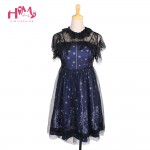 Sky Constellation Gothic Lolita Dress vestidos Dark Blue JSK Veil Tunic Night Angel Pattern Short Sleeve Dresses