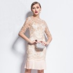 Slim Dress 2017 New European Fashion Summer Women's XXXL Vintage New Half Sleeve Above Knee Beige / Silver Pleated Lace Dress