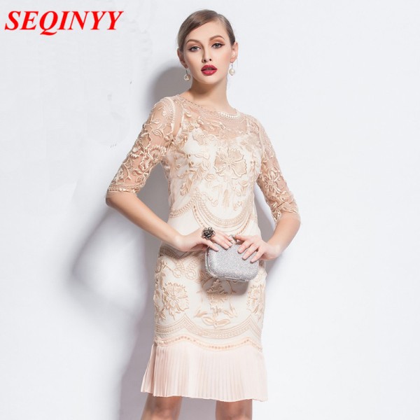 Slim Dress 2017 New European Fashion Summer Women's XXXL Vintage New Half Sleeve Above Knee Beige / Silver Pleated Lace Dress