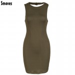 Smoves New S-L Choker Neck Women's Olive Green Stripped Halter Bodycon Dress Mini Club Party Dress