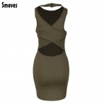 Smoves New S-L Choker Neck Women's Olive Green Stripped Halter Bodycon Dress Mini Club Party Dress