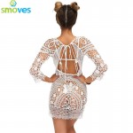 Smoves See Through Hollow Out Embroidery Boho Lace Crochet 3/4 Sleeve Women Floral Mini Dress Sundress Beachwear Beach Day Dress