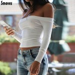 Smoves Sexy Off Shoulder Women Knitted Sweater Tops Autumn Winter Pullover Crop Tops Long Sleeve Casual T-shirts New White TT307