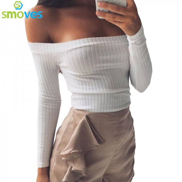 Smoves Sexy Off Shoulder Women Knitted Sweater Tops Autumn Winter Pullover Crop Tops Long Sleeve Casual T-shirts New White TT307