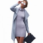 Smoves Vintage Marled Wool Blended Fold Over High Neck Ribbed Women Bodycon Dress Autumn Winter Knitted Sweater Casual Dresses