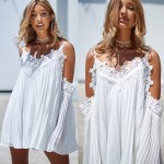 Smoves Women Lace Insert Pleated Dress Off Shoulder New Beach Bohemian Casual Mini Shirt Dresses Flare Sleeve Sundress TT324