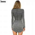 Smoves Women Long Sleeve Autumn Fall Knitted Pencil Dress Sexy Lace Up Mni Dress Spring Bodycon Vestidos Bandage Dresses New