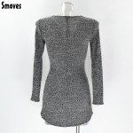 Smoves Women Long Sleeve Autumn Fall Knitted Pencil Dress Sexy Lace Up Mni Dress Spring Bodycon Vestidos Bandage Dresses New