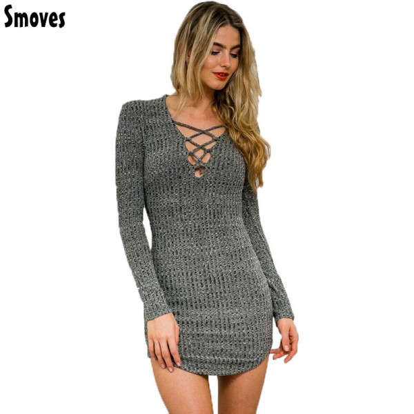 Smoves Women Long Sleeve Autumn Fall Knitted Pencil Dress Sexy Lace Up Mni Dress Spring Bodycon Vestidos Bandage Dresses New