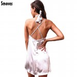 Smoves Women Sexy Deep V Neck Back Criss Cross Choker Neck Silk Satin Slip Dress A-Line Shinning Party Dresses Vestidos GD333