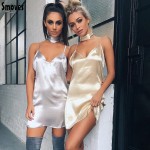 Smoves Women Sexy Deep V Neck Back Criss Cross Choker Neck Silk Satin Slip Dress A-Line Shinning Party Dresses Vestidos GD333